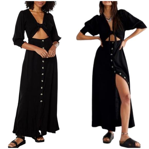 Free People NWOT String Of Hearts Maxi Dress Size S Black Tie Front Smocked - Picture 1 of 10